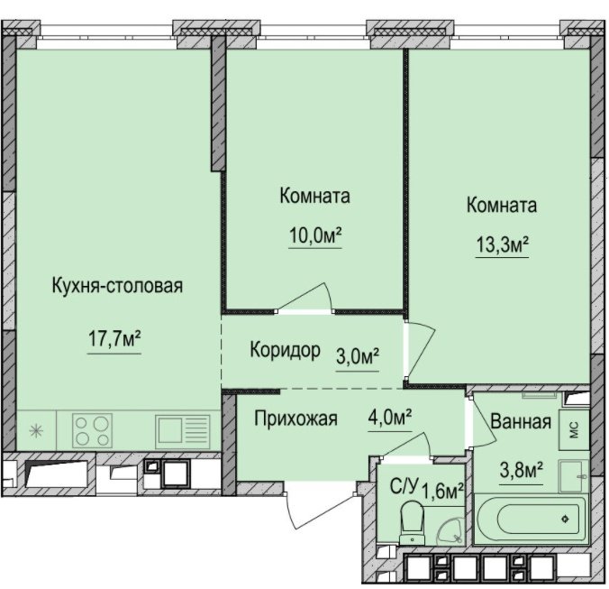 1 этаж 2-комнатн. 53.4 кв.м.