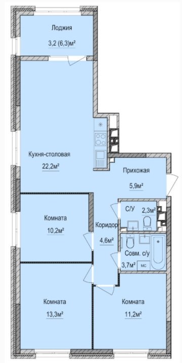 1 этаж 3-комнатн. 77.1 кв.м.