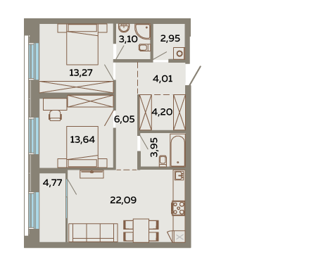 13 этаж 3-комнатн. 78.03 кв.м.